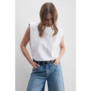 White Padded Shoulder Sleeveless Tee