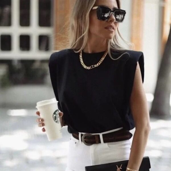 Black Padded Shoulder Sleeveless Tee