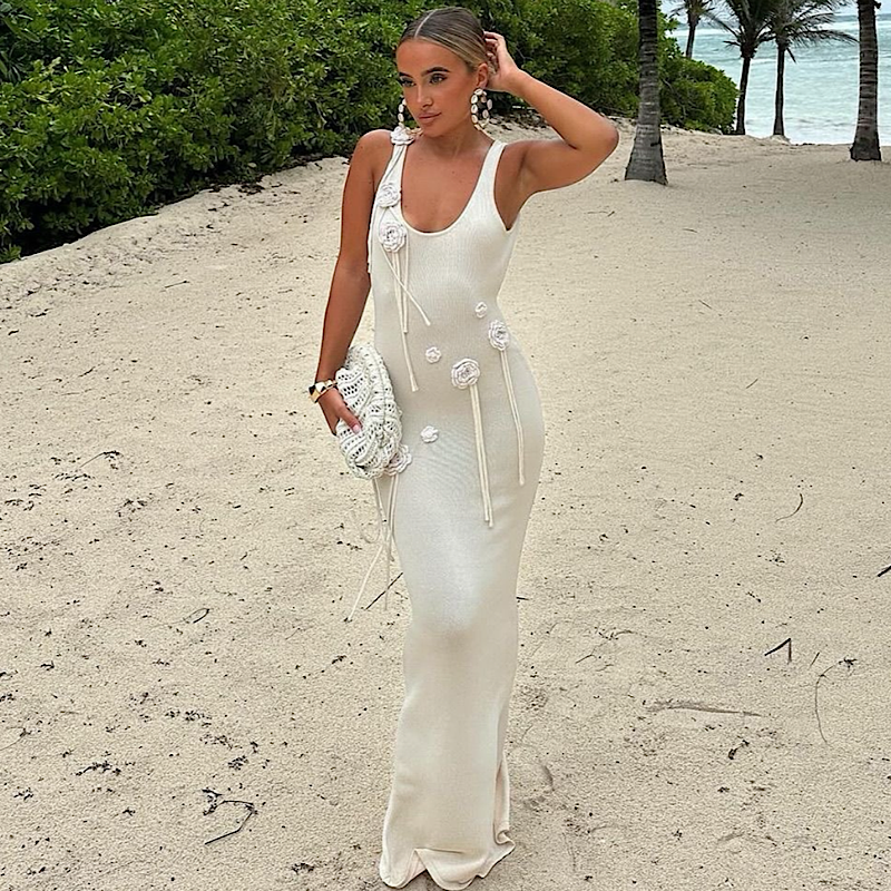 White Knitted Flower Beach Dress - Image 4
