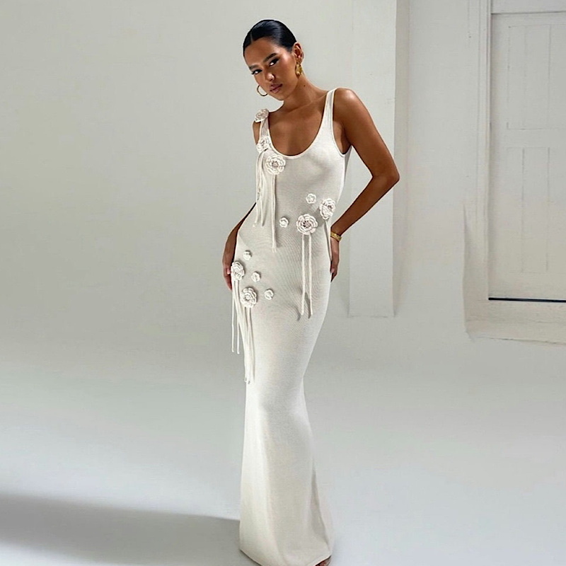 White Knitted Flower Beach Dress - Image 3