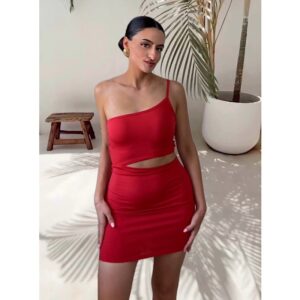 Mini Red Elastic Cut Out Dress