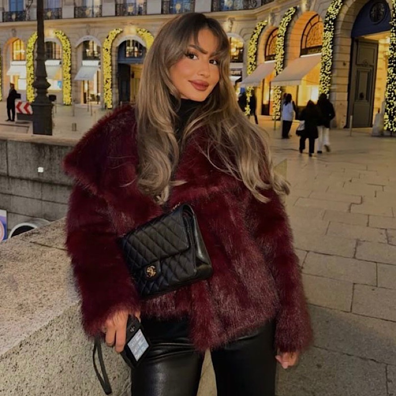 Liza Burgundy Faux Fur Coat - Image 2