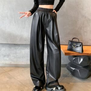 Black High Waist Faux Leather Wide Leg Pants