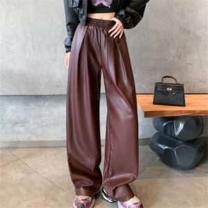 Brown High Waist Faux Leather Wide Leg Pants