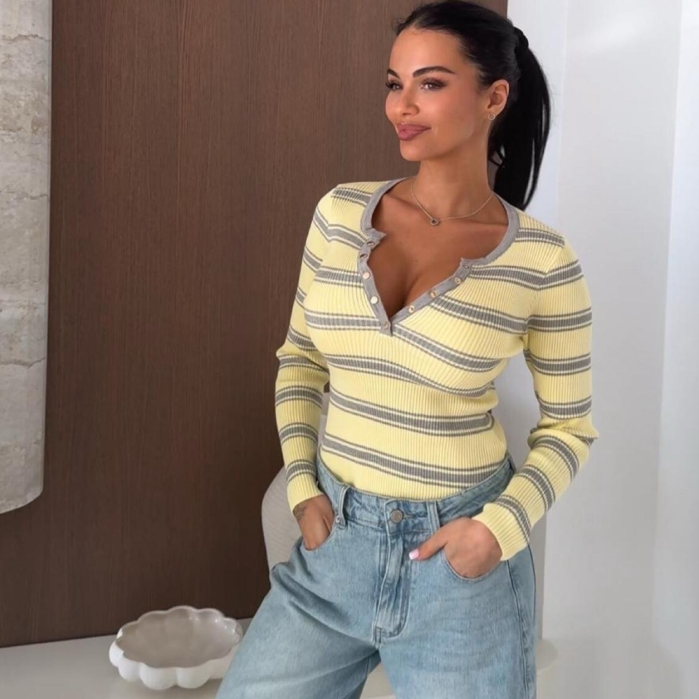 Butter Yellow - Grey Elastic Blouse