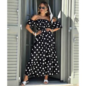 Black Off Shoulder Polka Dot Dress