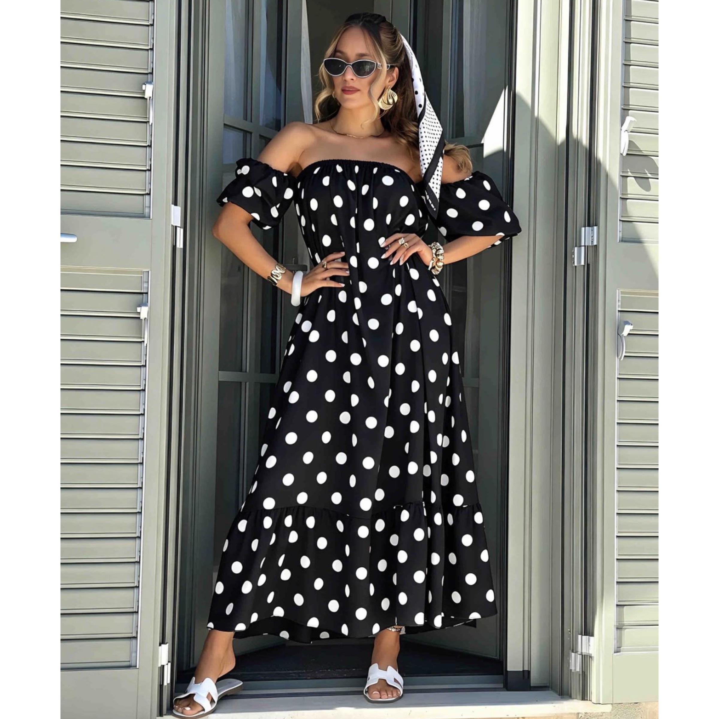 Black Off Shoulder Polka Dot Dress