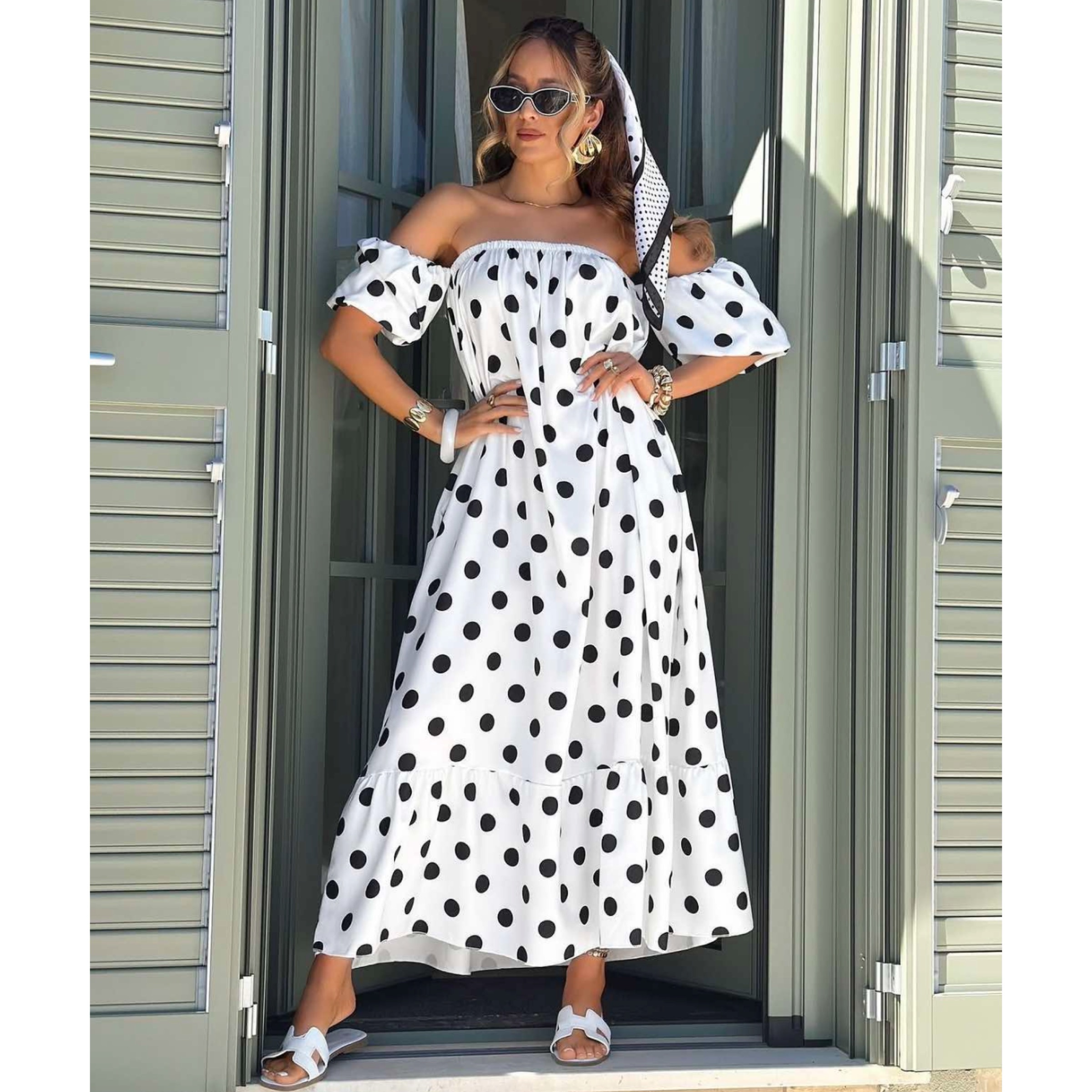 Black Off Shoulder Polka Dot Dress - Image 2
