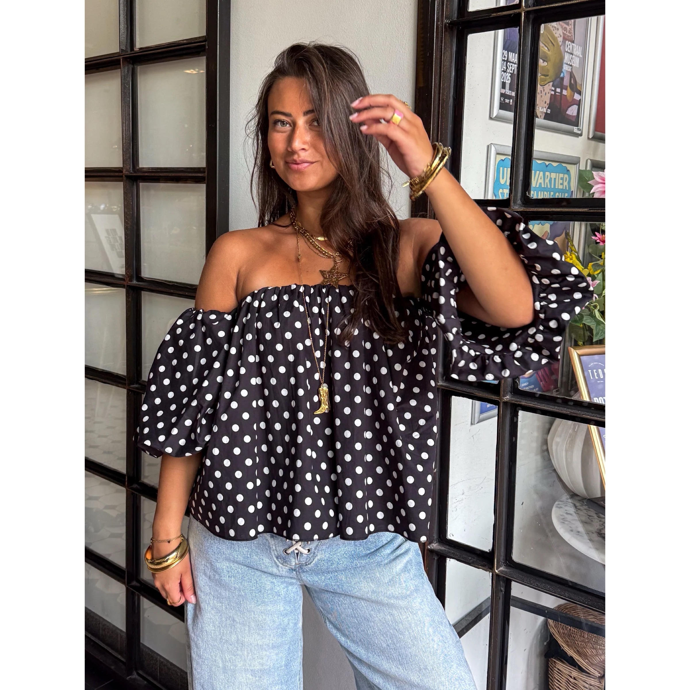 Black Off Shoulder Polka Dot Cotton Loose Blouse