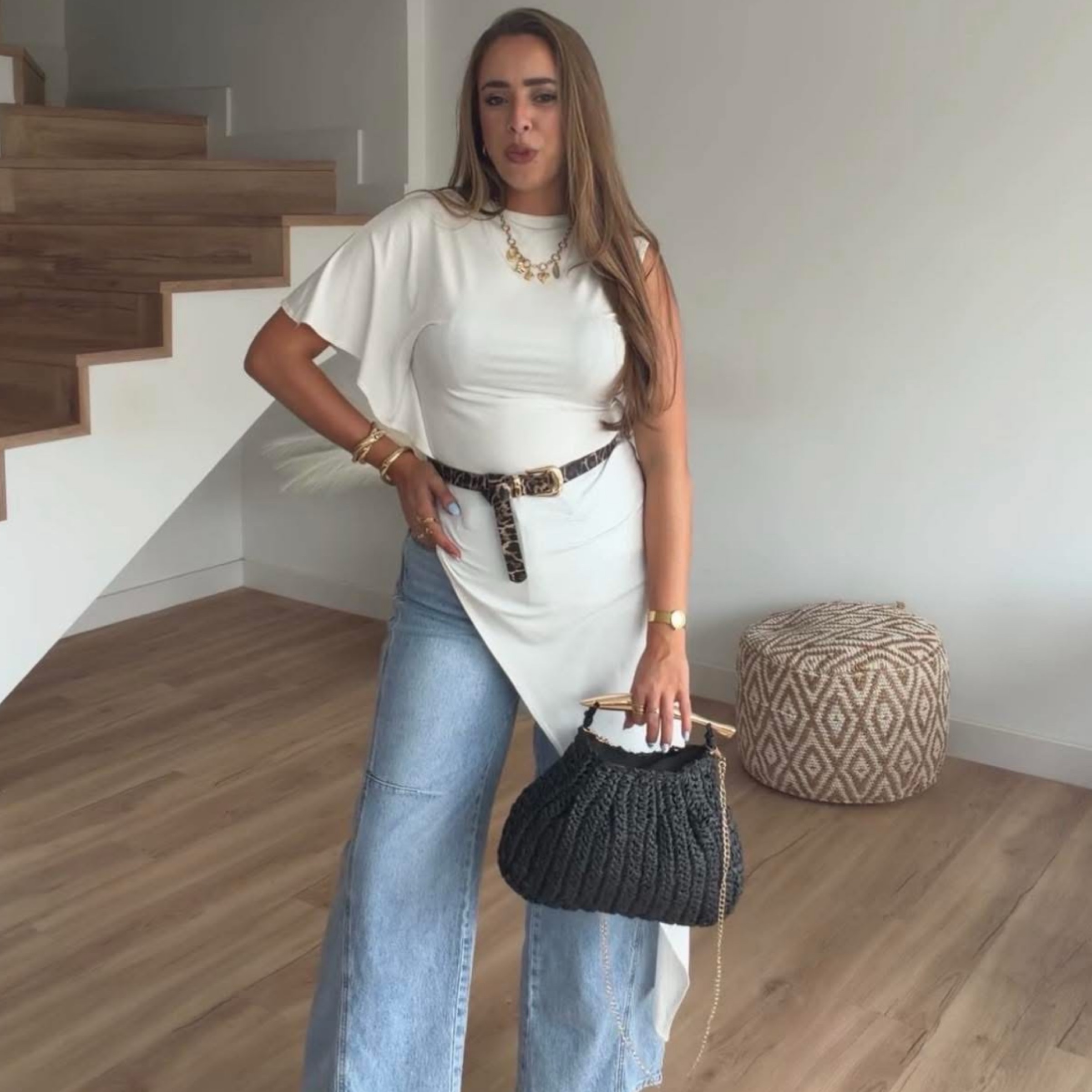 White Asymmetric Elastic Blouse - Image 2