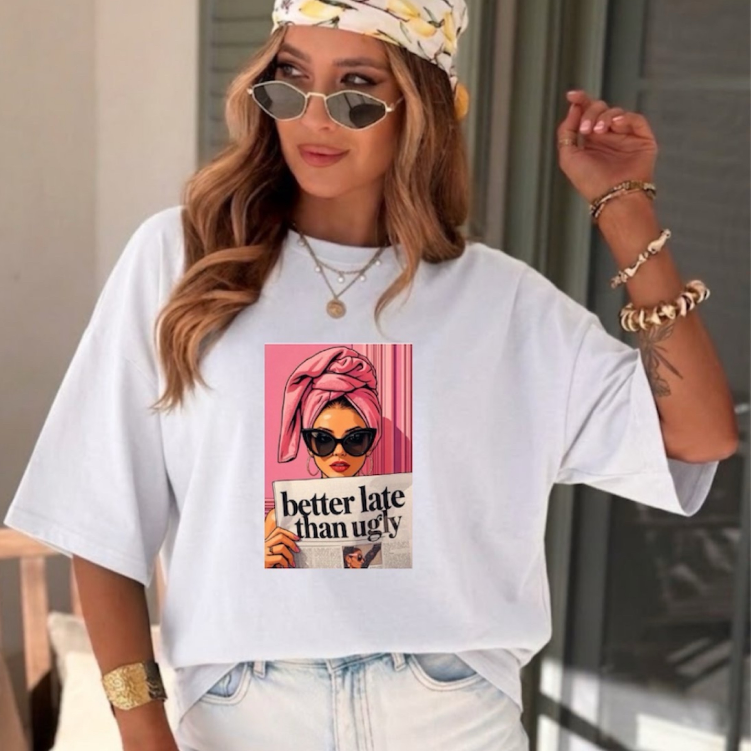 White «better late than ugly» Cotton Oversized T-shirt