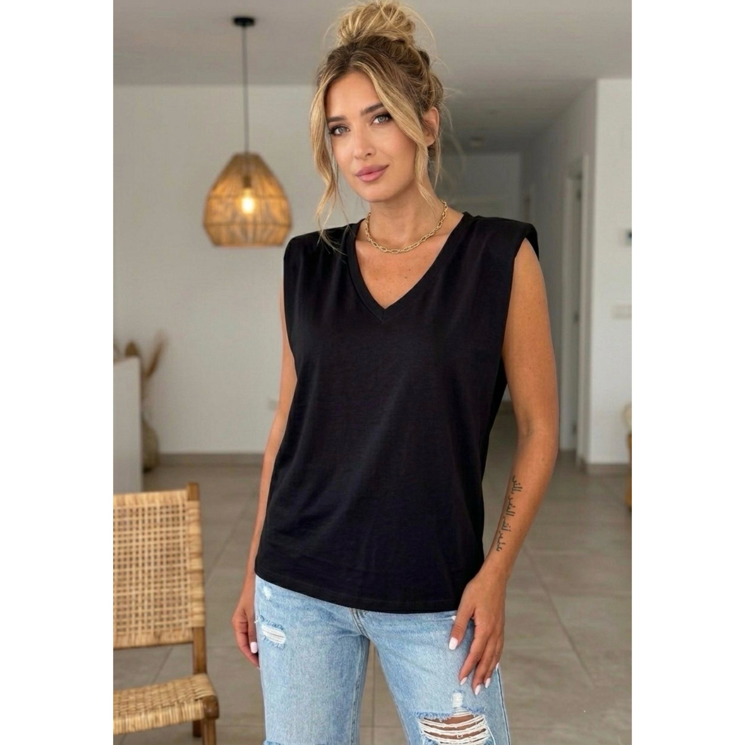 Black VN Oversized Cotton Padded Shoulder Tee