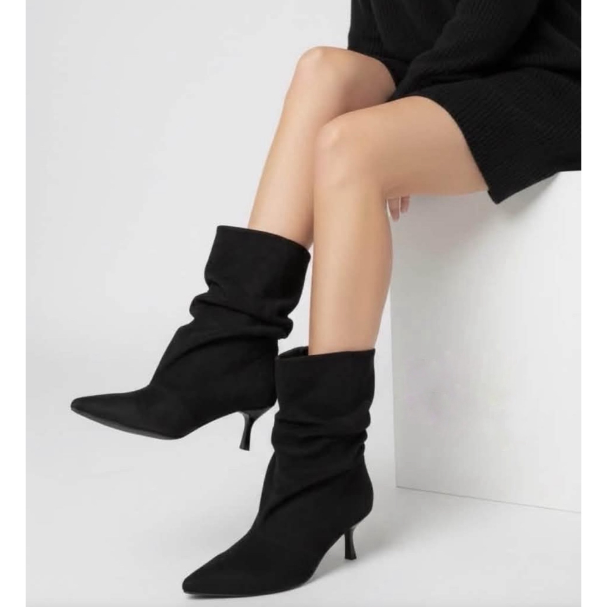 Black Slouch Kitten Heel Boots
