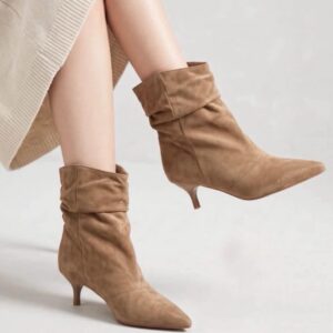 Beige Slouch Kitten Heel Boots